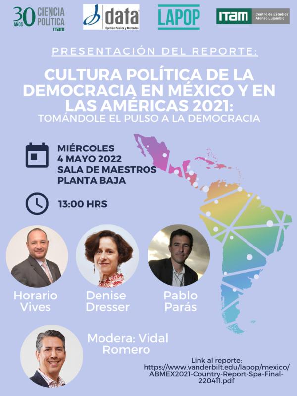 Póster Presentación del Reporte "Cultura Política de la Democracia en México y en las Américas 2021: tomándole el pulso a la Dem