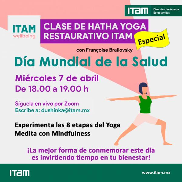 Póster Clase especial de Yoga y Mindfulness en el marco del Día Mundial de la Salud con Françoise Brailovsky