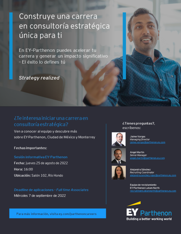 Career Services del ITAM invita a la sesión de reclutamiento presencial y aplicación de examen de EY Parthenon