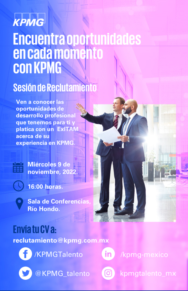 Career Services del ITAM invita a la sesión de reclutamiento presencial de KPMG