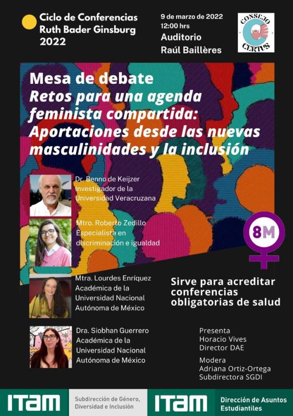 Póster Mesa de debate "Retos para una agenda feminista compartida: Aportaciones desde las nuevas masculinidades y la inclusión"