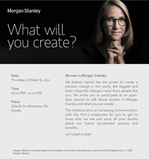 Poster: Career Services del ITAM invita a la sesión presencial Women in Morgan Stanley