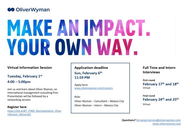 Career Services del ITAM invita a la sesión de reclutamiento remota de Oliver Wyman