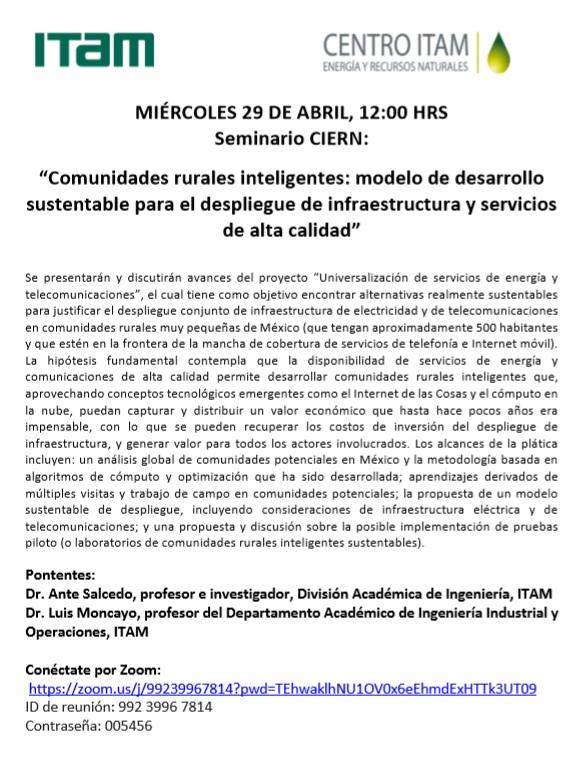 Seminario CIERN “Comunidades rurales inteligentes: modelo de desarrollo sustentable para el despliegue de infraestructura y serv