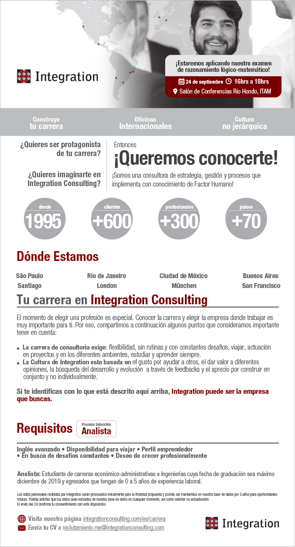 Bolsa de Trabajo invita a la presentación y examen de Integration Consulting